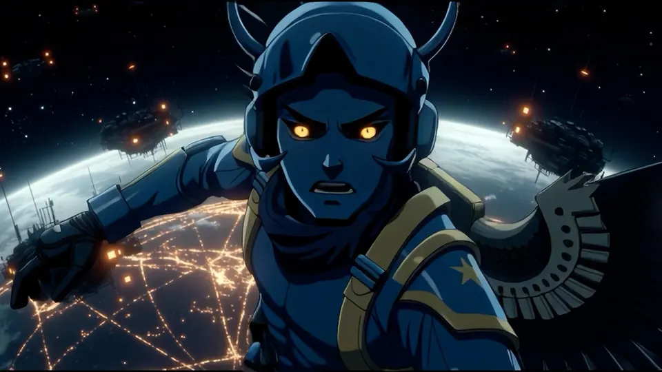 Still: a soldier in a horned helmet above a glowing planet